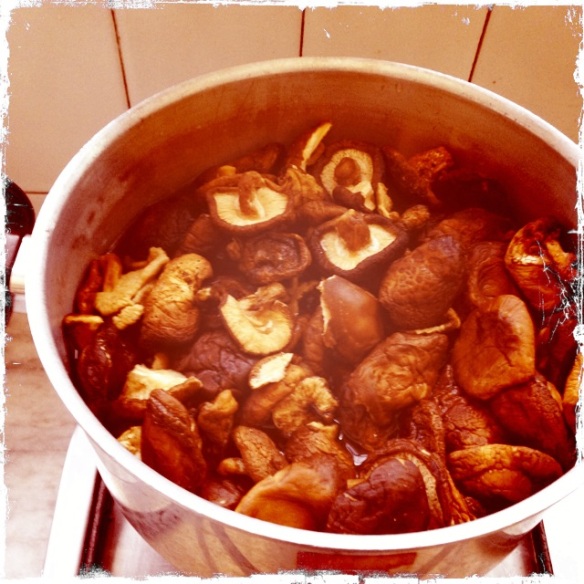 A  mixture of fresh and dried mushrooms in a New Deli kitchen.